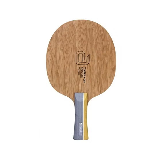 Close-up of the Andro Timber 7 OFF/S 7-ply all-wood table tennis blade with a grey and natural wood handle resting on a light surface