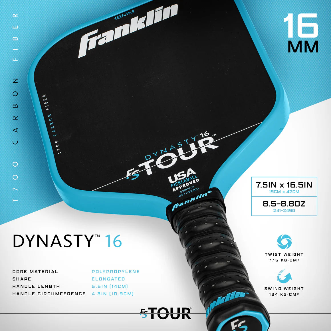 Franklin FS Tour Dynasty pickleball paddle with T700 raw carbon fiber face, elongated shape, and thermoformed construction