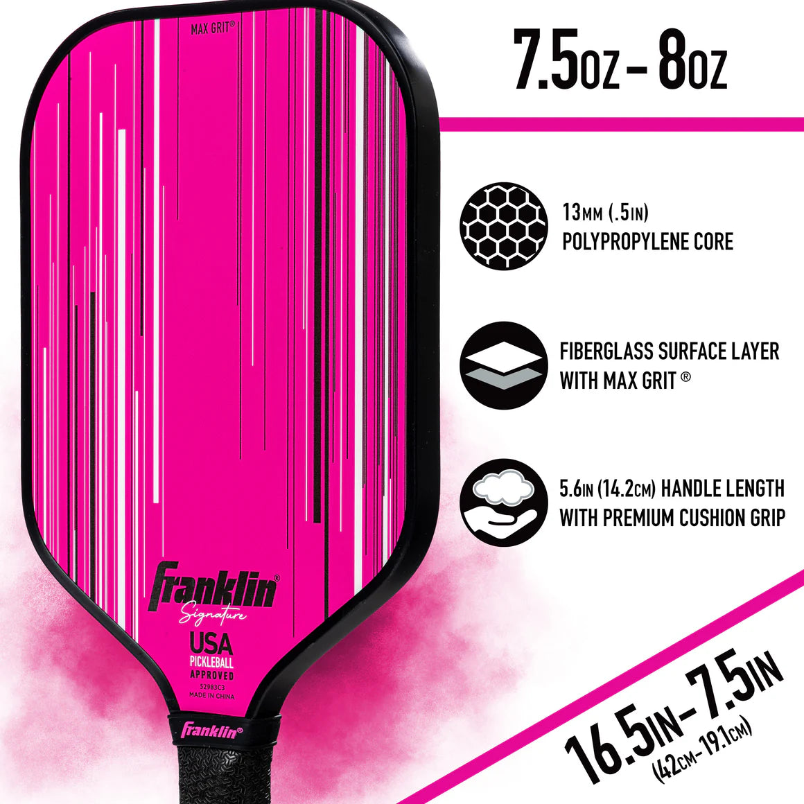 Franklin Signature Pro Series 13mm Pink pickleball paddle featuring MaxGrit fiberglass surface and polypropylene honeycomb core
