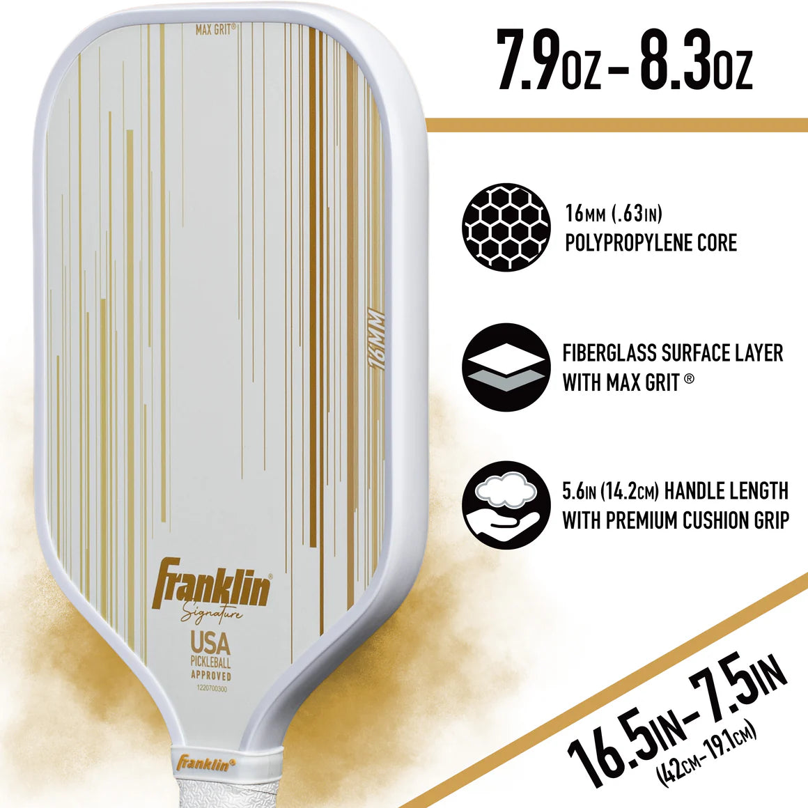 Franklin Signature Pro Series 16mm Gold pickleball paddle with MaxGrit textured fiberglass face and polypropylene honeycomb core