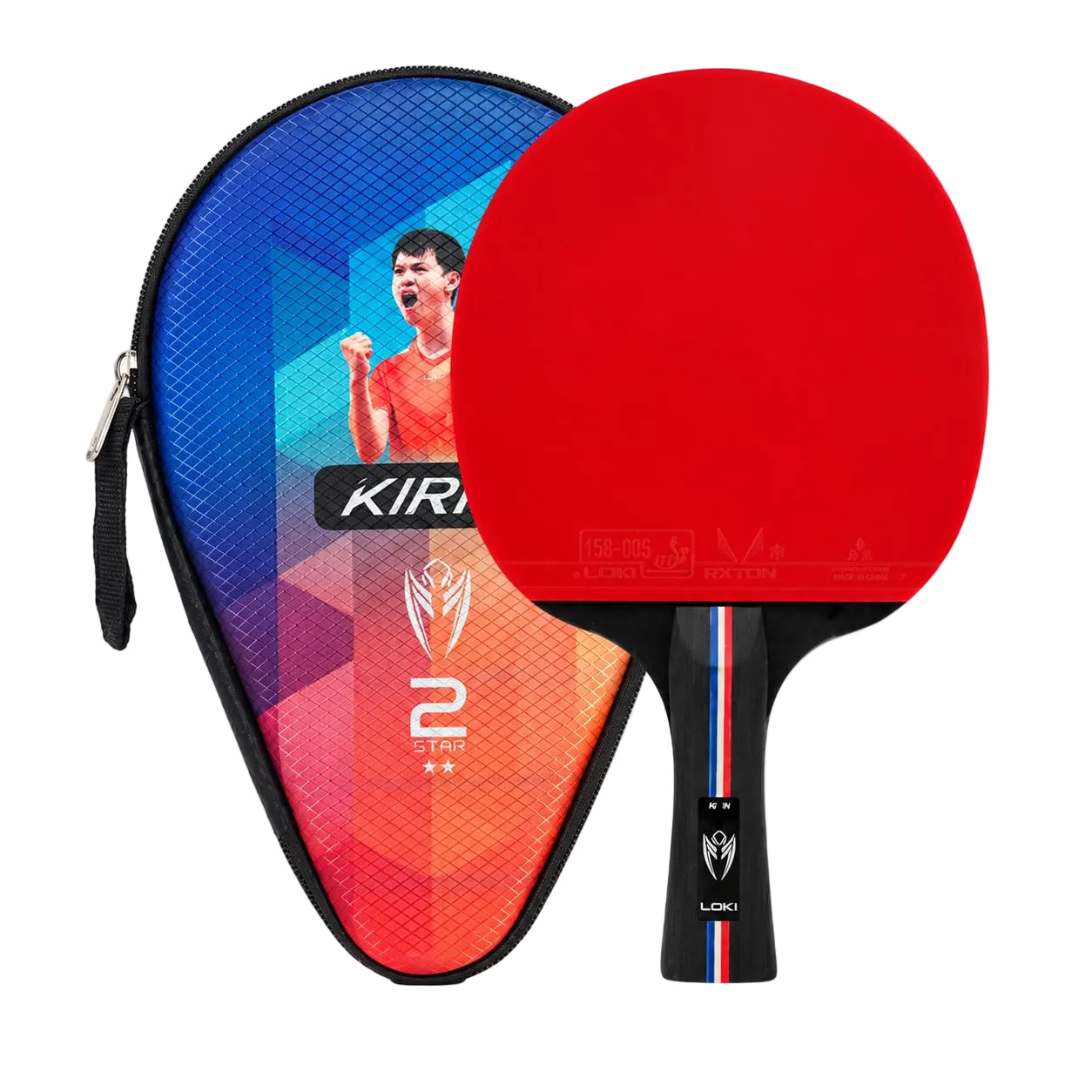 LOKI table tennis racket featuring RXTON ITTF-approved red inverted rubber with flared handle for offensive all-round play