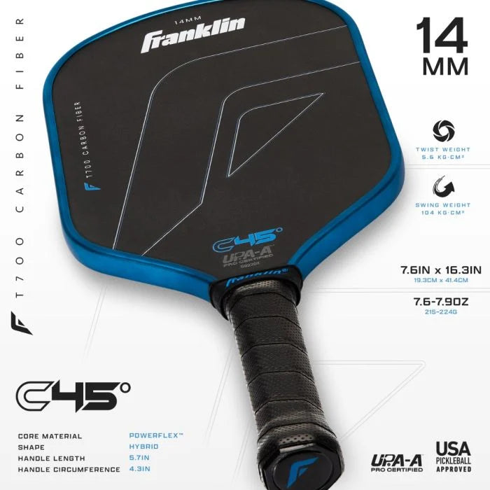 Franklin C45 Dynasty carbon fiber pickleball paddle with 45° T700 raw carbon face and 16mm PowerFlex polymer core